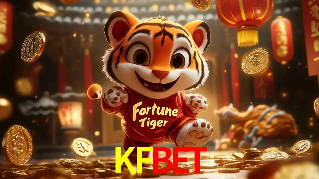 O alegre personagem do Fortune Tiger correndo sobre um caminho de moedas de ouro, simbolizando os grandes prêmios e a diversão do popular jogo de slot do KFBET.