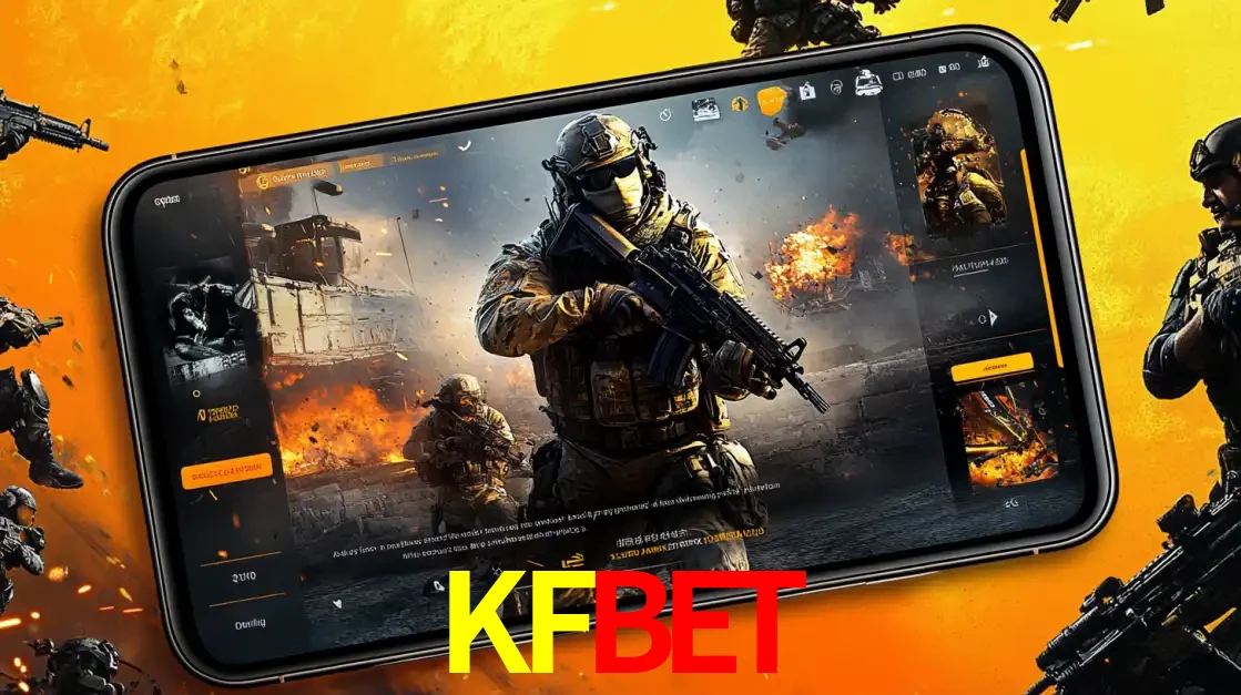 Um smartphone exibindo a interface de um jogo de tiro em primeira pessoa, com um soldado em um cenário de batalha, representando a ação dos e-sports para apostar no KFBET.