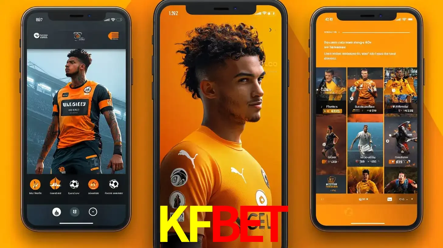 Interface do aplicativo de apostas esportivas KFBET em três telas de celular, mostrando o perfil de um jogador de futebol e a lista de jogos disponíveis para apostar.