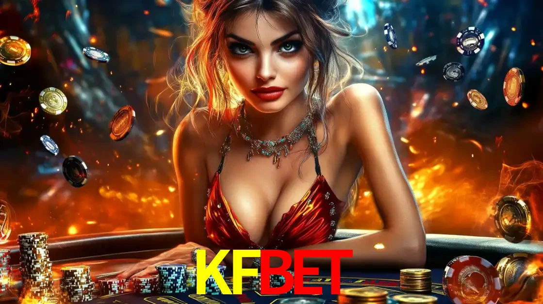 Mulher em uma mesa de cassino com pilhas de fichas e um fundo de fogo, pronta para uma rodada de altas apostas nos jogos de mesa emocionantes do cassino KFBET.