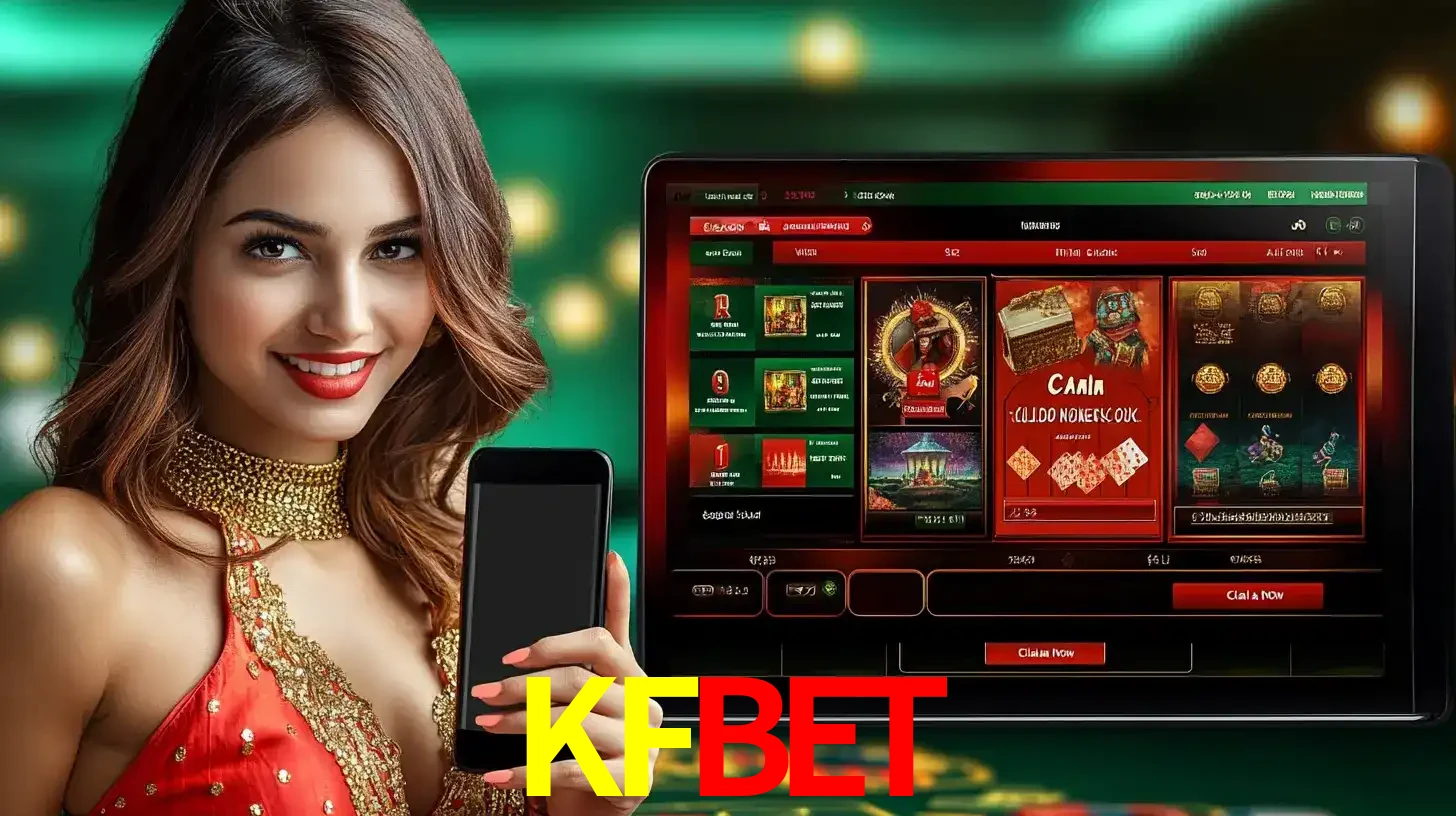 Mulher sorridente segurando um smartphone, ao lado de uma tela exibindo o lobby de jogos do cassino online KFBET, com várias opções de jogos de cartas e slots.