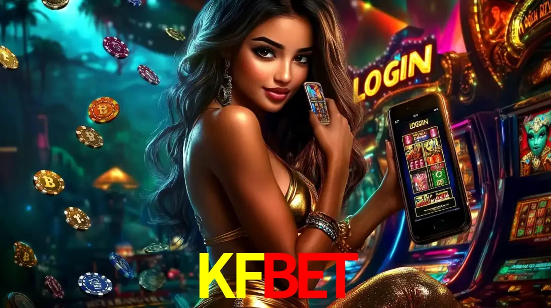 Mulher em um cenário de cassino temático de aventura, mostrando o app de caça-níqueis da KFBET no celular. Fichas de apostas flutuam ao redor.