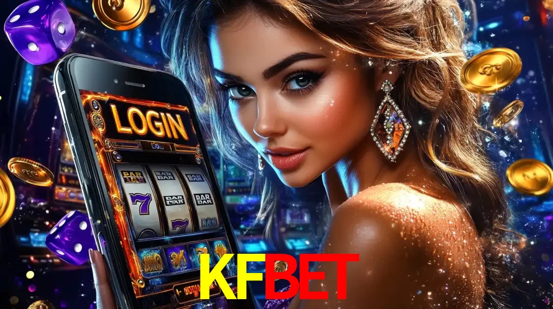 Mulher glamorosa segurando um smartphone com a tela de login para os jogos de caça-níqueis do cassino online KFBET, com moedas de ouro e dados ao redor.