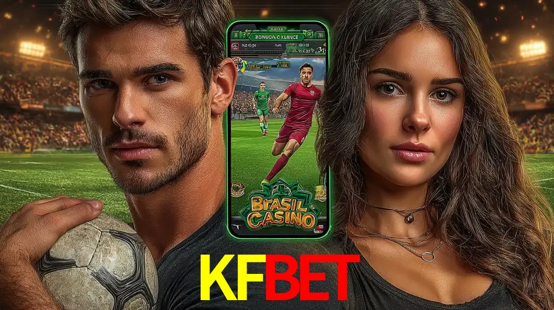 Homem segurando uma bola de futebol e uma mulher ao lado de um smartphone exibindo o jogo de apostas esportivas da KFBET. Faça seu palpite no cassino online.